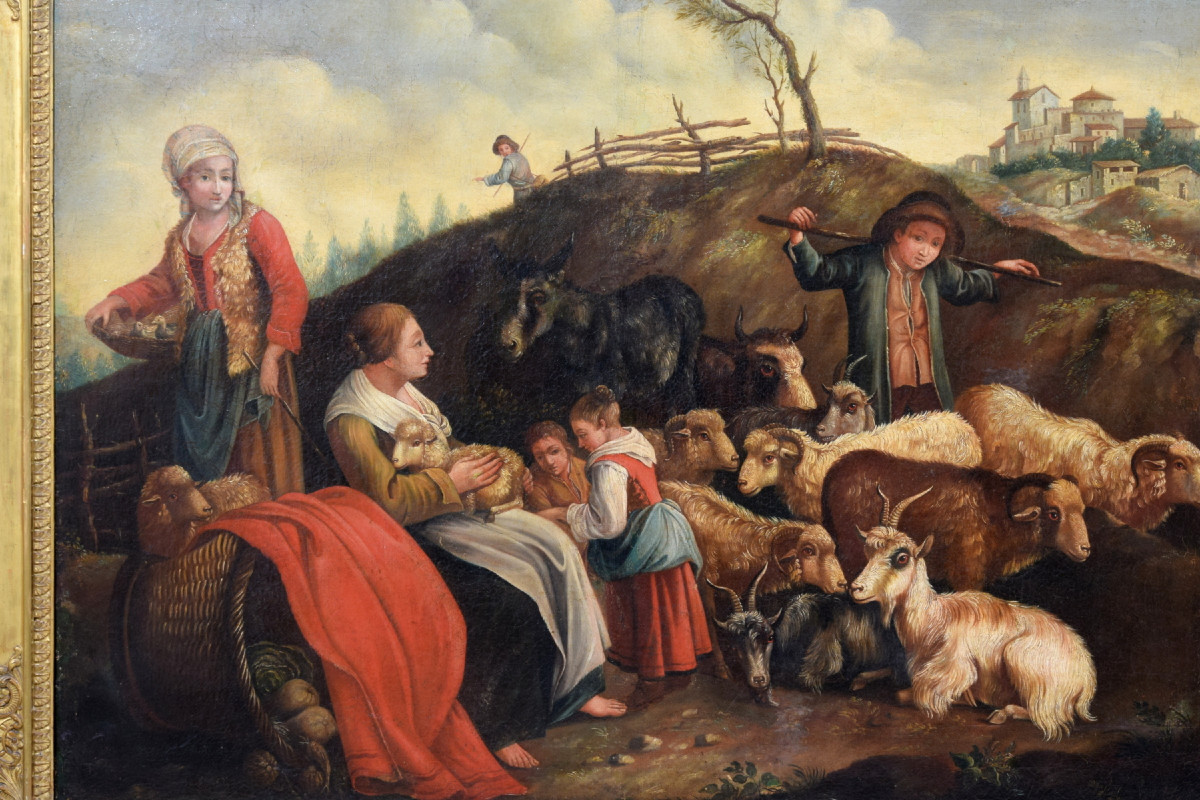 Coppia di grandi dipinti raffiguranti scene pastorali, scuola dei Londonio, XVIII secolo-photo-7