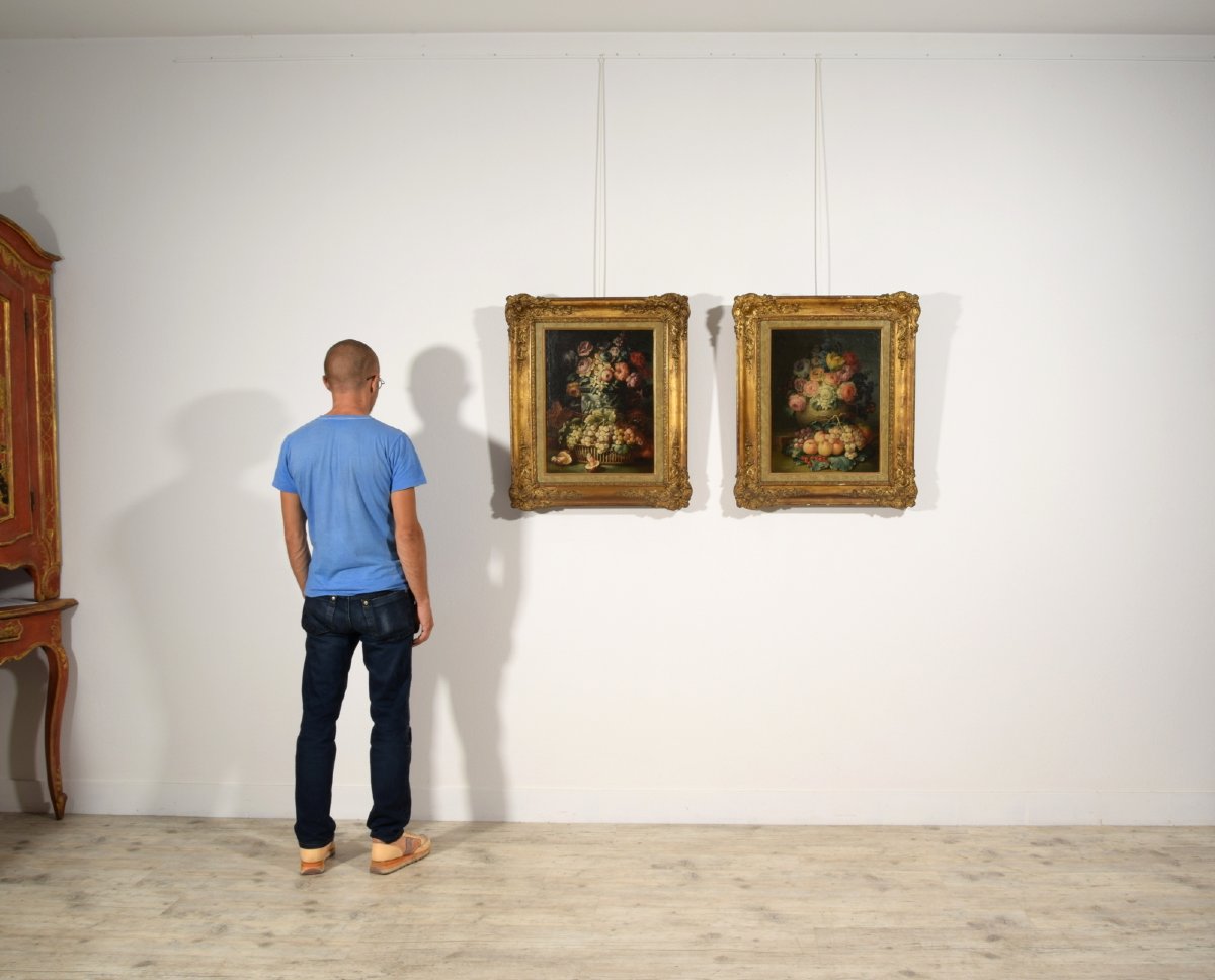 Due Nature morte con composizione di fiori, frutta e funghi, Italia, XVIII secolo-photo-6