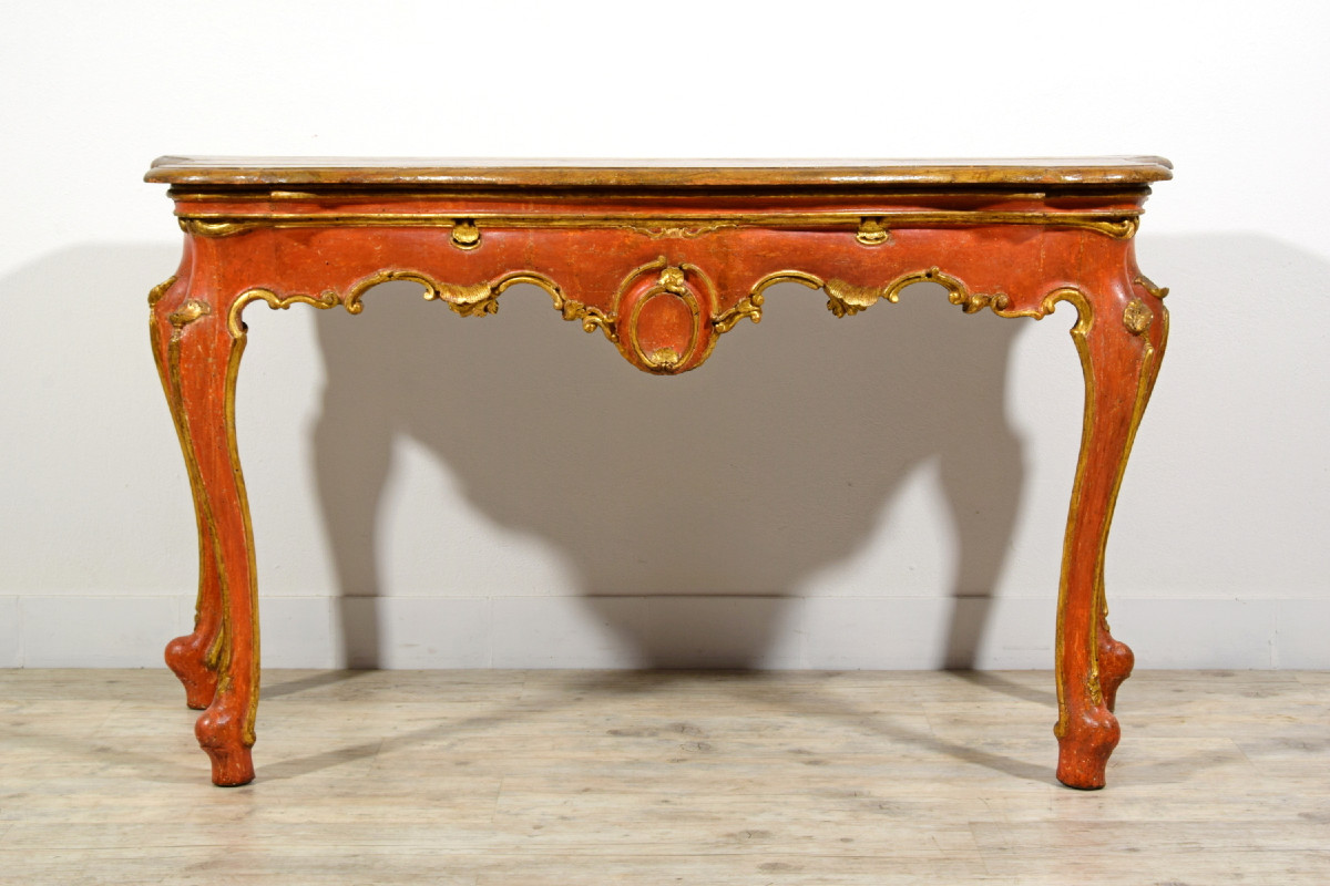 Consolle veneziana barocca in legno laccato rosso e dorato, XVIII secolo-photo-2