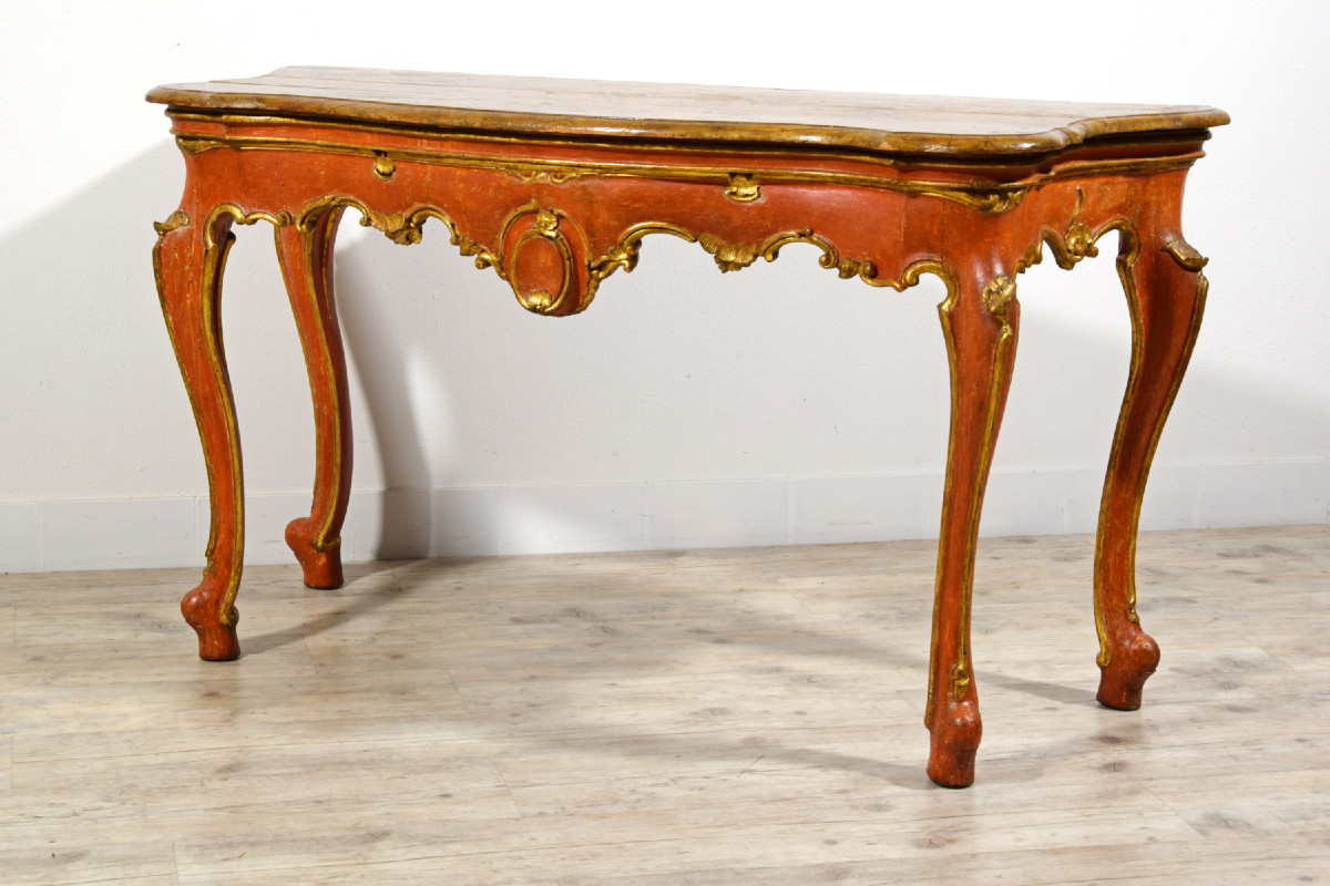 Consolle veneziana barocca in legno laccato rosso e dorato, XVIII secolo-photo-3