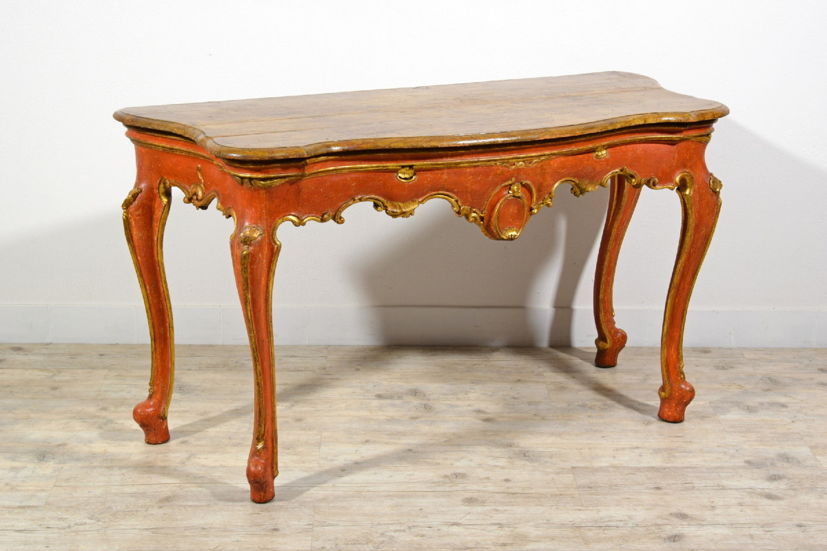 Consolle veneziana barocca in legno laccato rosso e dorato, XVIII secolo-photo-4
