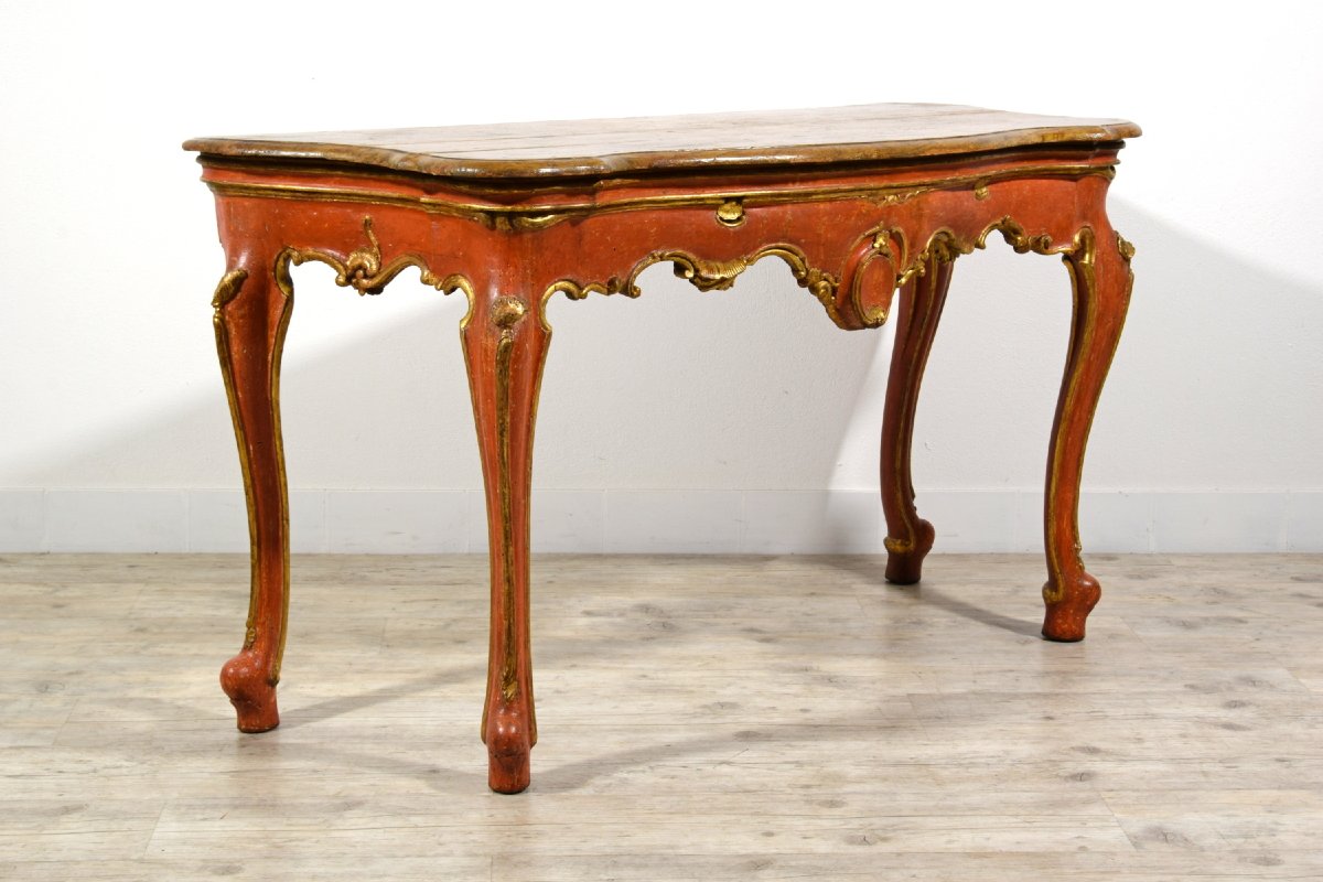 Consolle veneziana barocca in legno laccato rosso e dorato, XVIII secolo-photo-2