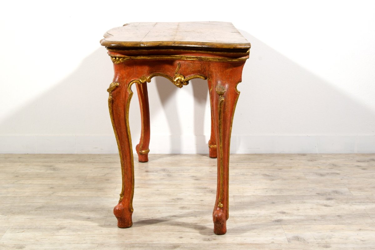 Consolle veneziana barocca in legno laccato rosso e dorato, XVIII secolo-photo-3