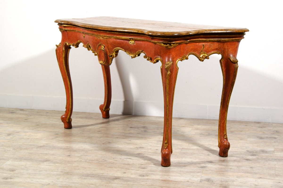 Consolle veneziana barocca in legno laccato rosso e dorato, XVIII secolo-photo-4