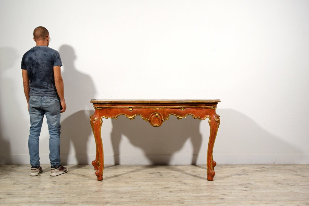 Consolle veneziana barocca in legno laccato rosso e dorato, XVIII secolo-photo-6