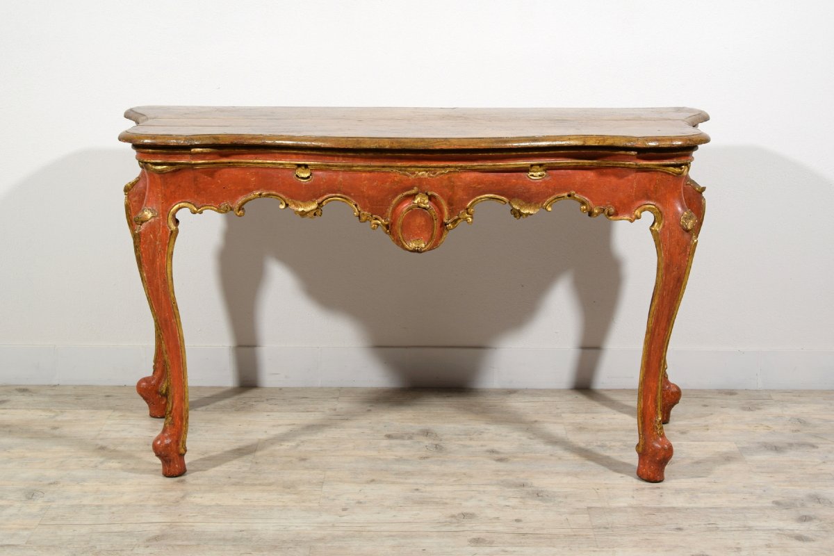 Consolle veneziana barocca in legno laccato rosso e dorato, XVIII secolo-photo-7