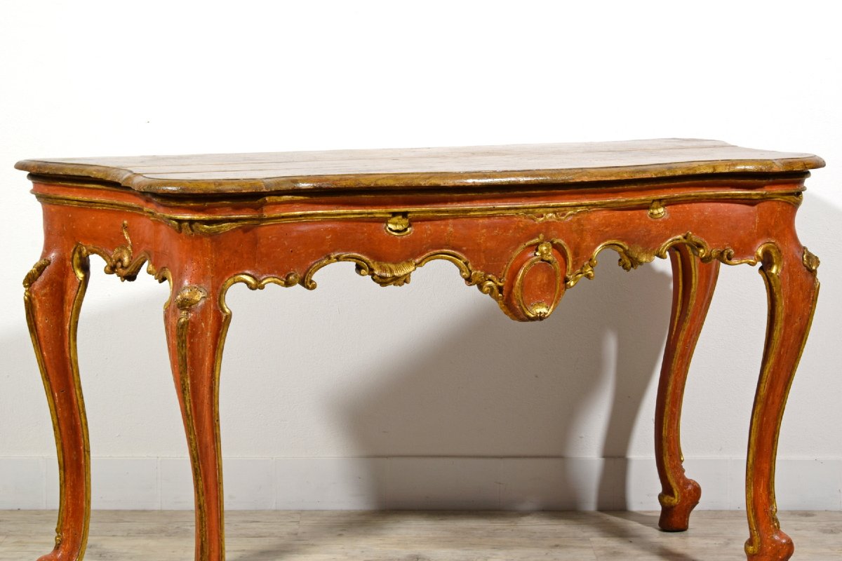 Consolle veneziana barocca in legno laccato rosso e dorato, XVIII secolo-photo-8