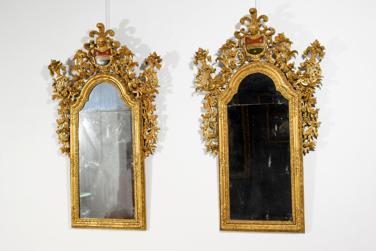Coppia di specchiere in legno intagliato e dorato, Veneto, XVIII secolo-photo-3