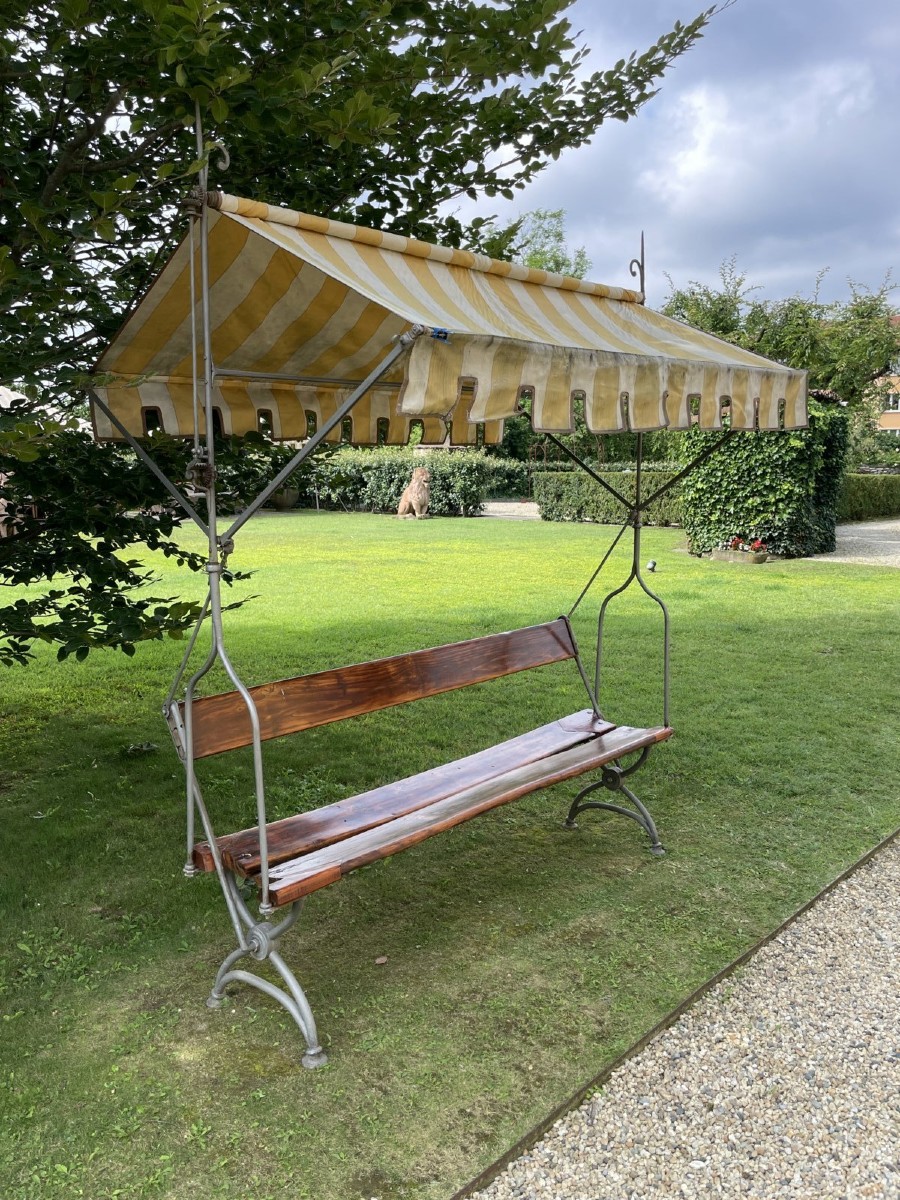 Antica panca da giardino in legno e ferro battuto con tettoia in stoffa, Italia, XIX secolo-photo-2