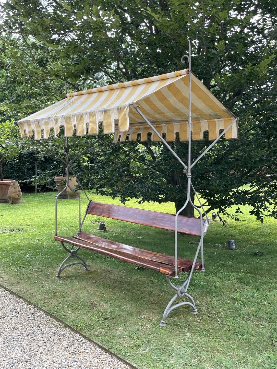 Antica panca da giardino in legno e ferro battuto con tettoia in stoffa, Italia, XIX secolo-photo-3