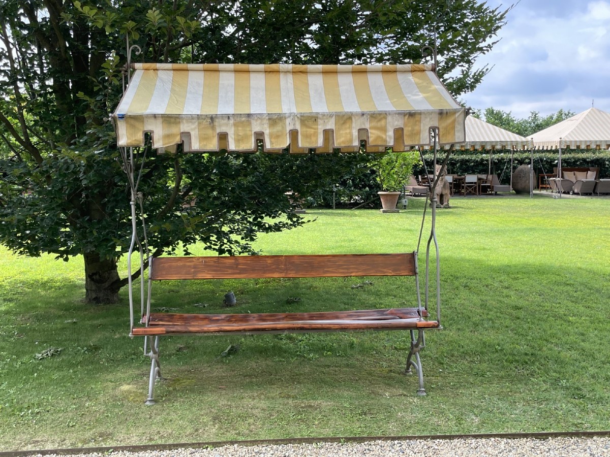 Antica panca da giardino in legno e ferro battuto con tettoia in stoffa, Italia, XIX secolo-photo-4