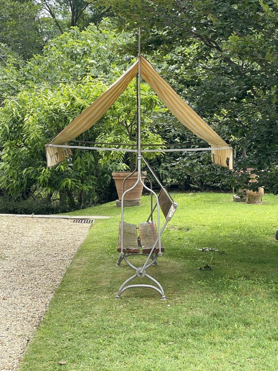 Antica panca da giardino in legno e ferro battuto con tettoia in stoffa, Italia, XIX secolo-photo-2