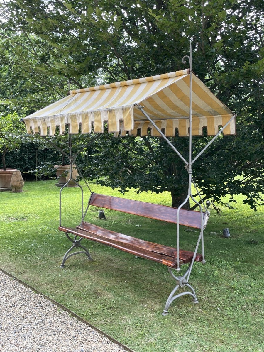 Antica panca da giardino in legno e ferro battuto con tettoia in stoffa, Italia, XIX secolo-photo-3