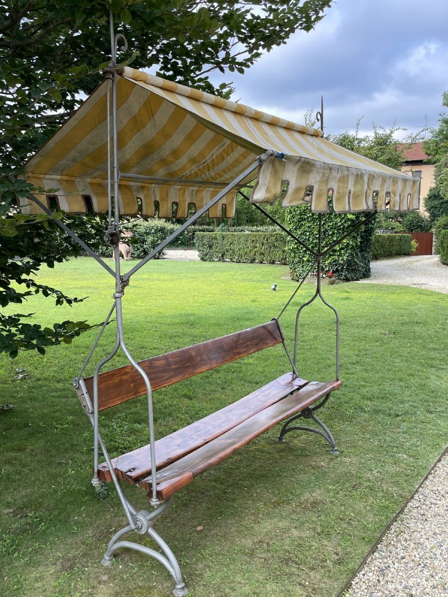 Antica panca da giardino in legno e ferro battuto con tettoia in stoffa, Italia, XIX secolo-photo-4