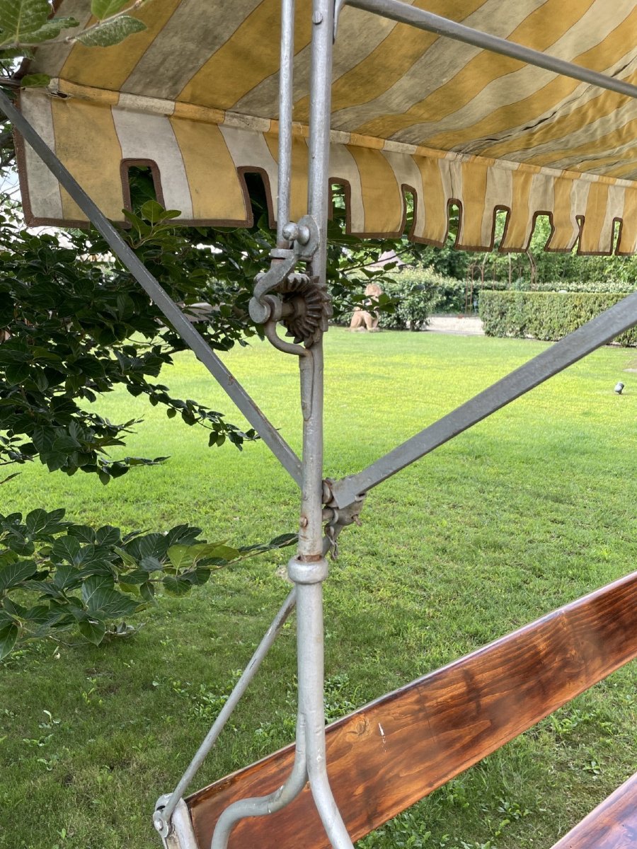 Antica panca da giardino in legno e ferro battuto con tettoia in stoffa, Italia, XIX secolo-photo-5