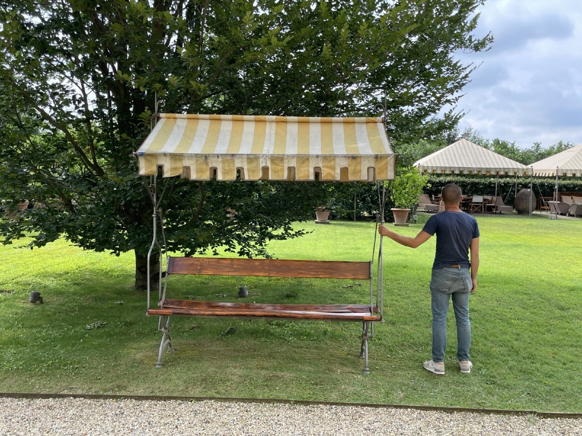 Antica panca da giardino in legno e ferro battuto con tettoia in stoffa, Italia, XIX secolo-photo-6