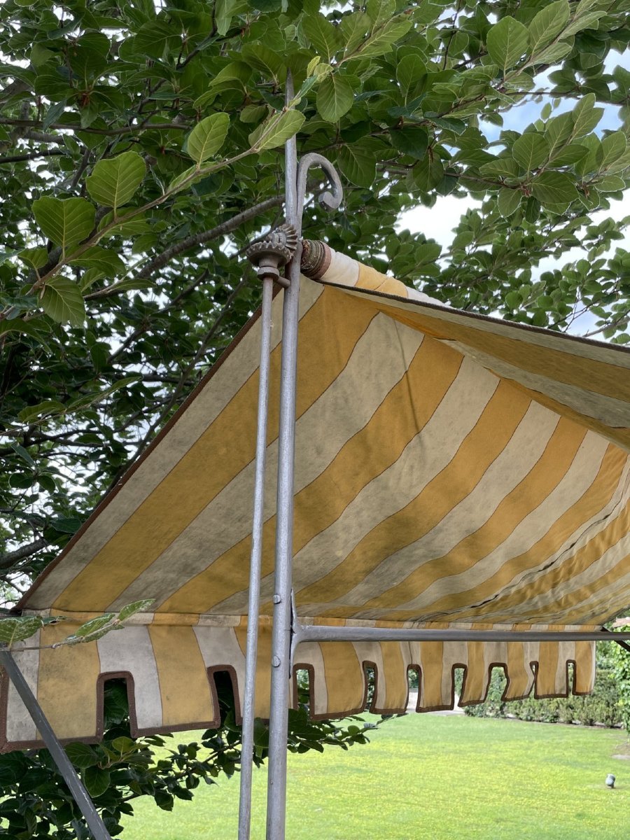 Antica panca da giardino in legno e ferro battuto con tettoia in stoffa, Italia, XIX secolo-photo-7