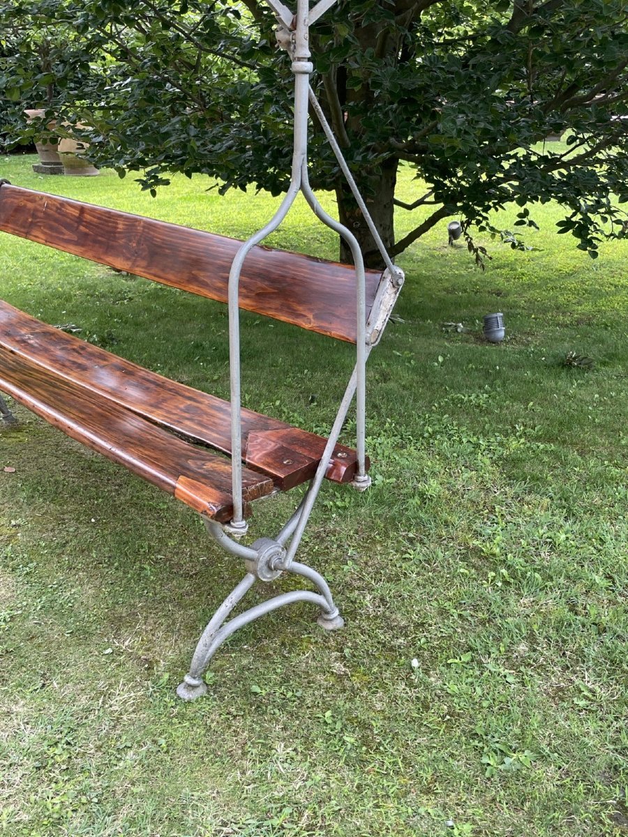 Antica panca da giardino in legno e ferro battuto con tettoia in stoffa, Italia, XIX secolo-photo-8