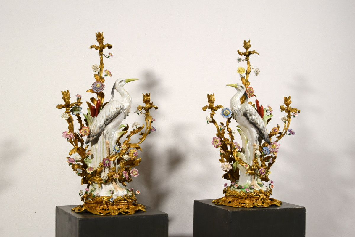 Coppia di grandi candelabri a tre luci in bronzo dorato e porcellana, Francia, XIX secolo-photo-4