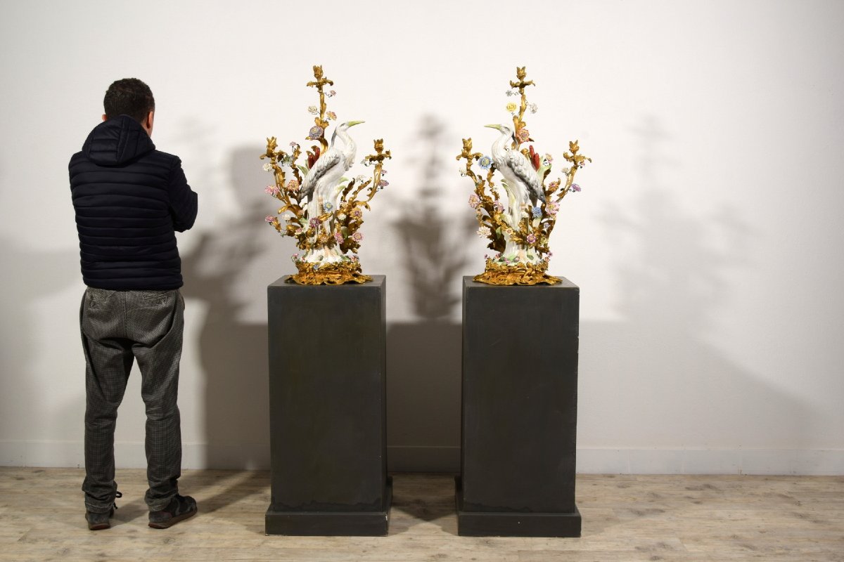 Coppia di grandi candelabri a tre luci in bronzo dorato e porcellana, Francia, XIX secolo-photo-6