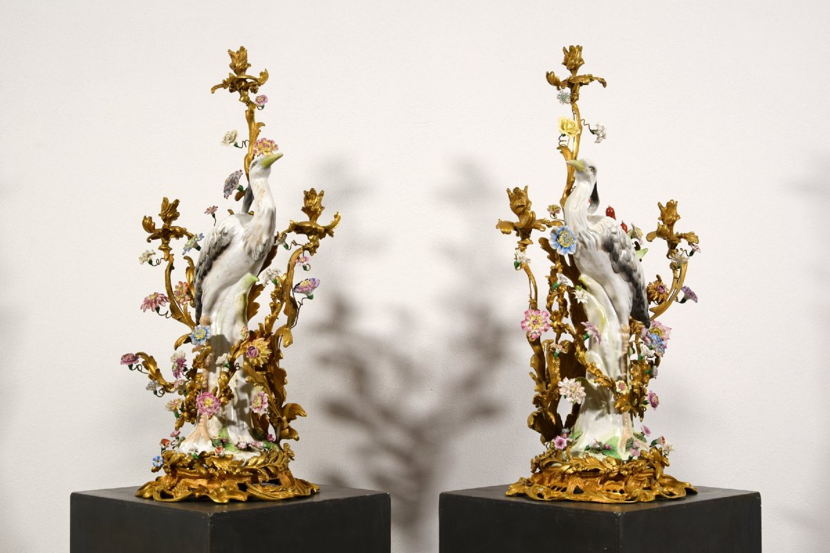 Coppia di grandi candelabri a tre luci in bronzo dorato e porcellana, Francia, XIX secolo-photo-8