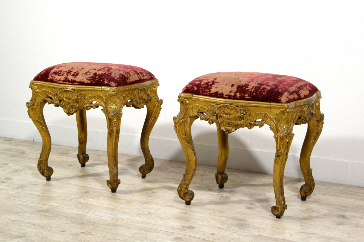 Coppia di panchetti barocchi da centro in legno intagliato e dorato, Luigi XIV-Luigi XV, Franci-photo-3