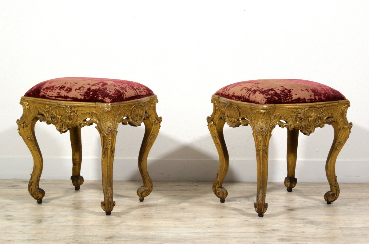 Coppia di panchetti barocchi da centro in legno intagliato e dorato, Luigi XIV-Luigi XV, Franci-photo-3