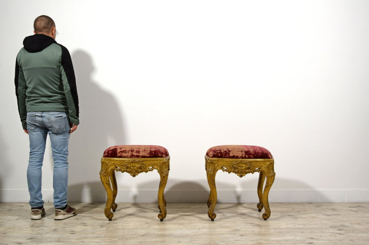 Coppia di panchetti barocchi da centro in legno intagliato e dorato, Luigi XIV-Luigi XV, Franci-photo-6