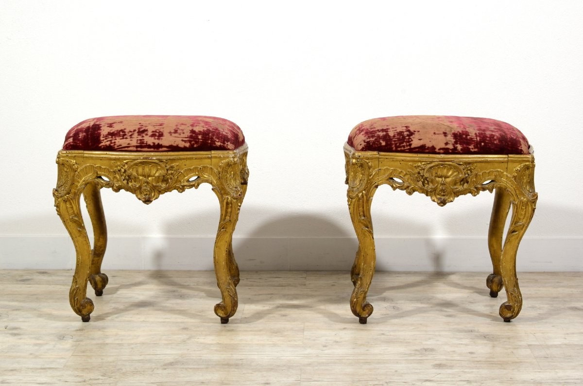 Coppia di panchetti barocchi da centro in legno intagliato e dorato, Luigi XIV-Luigi XV, Franci-photo-7