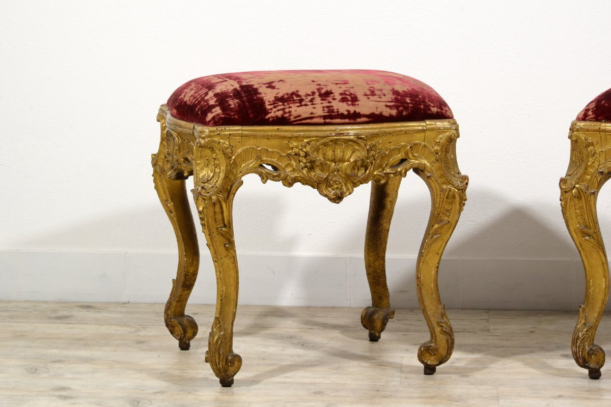 Coppia di panchetti barocchi da centro in legno intagliato e dorato, Luigi XIV-Luigi XV, Franci-photo-8