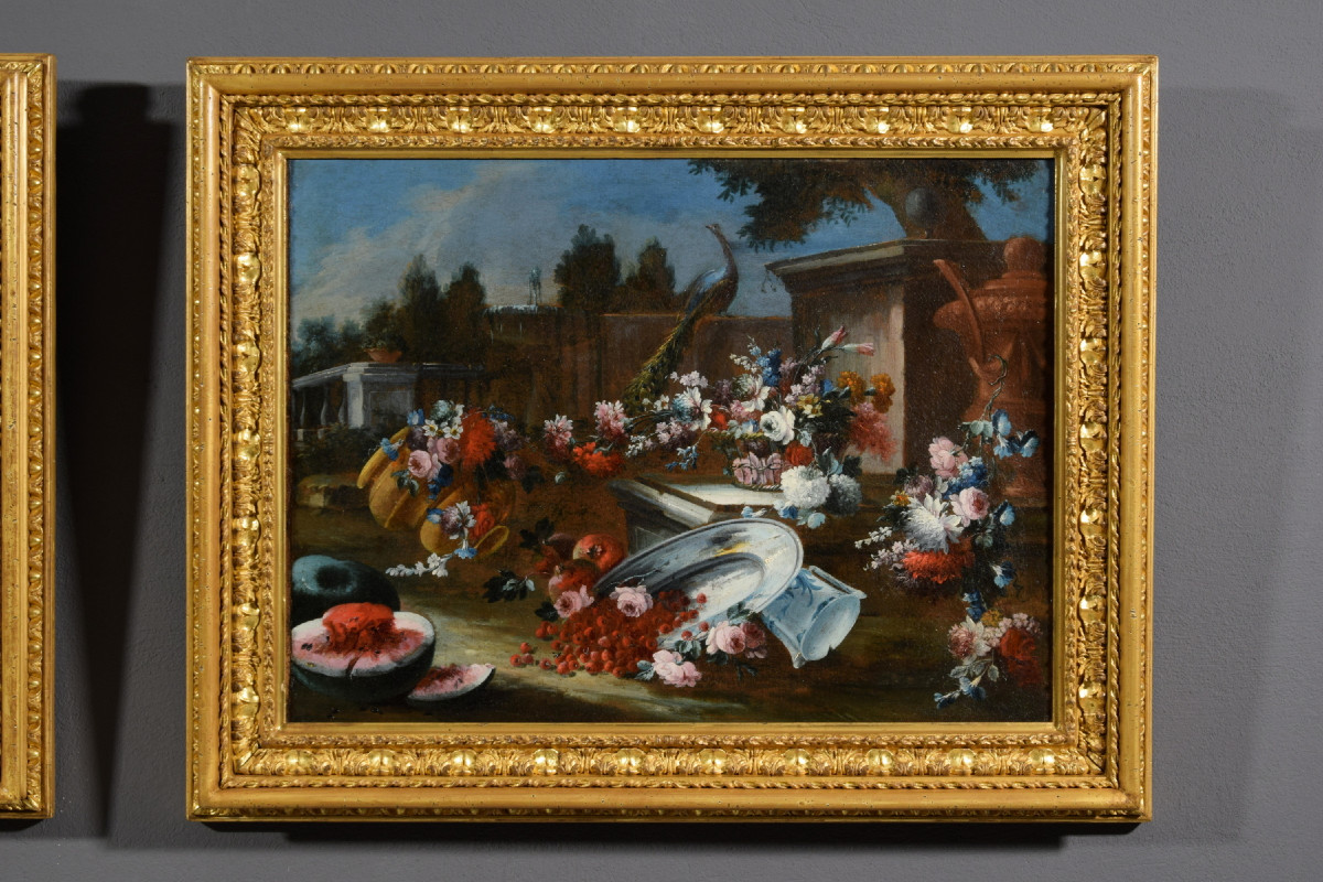 Francesco Lavagna (Napoli 1684-1724), Coppia di dipinti con Nature morte con fiori e angurie-photo-2