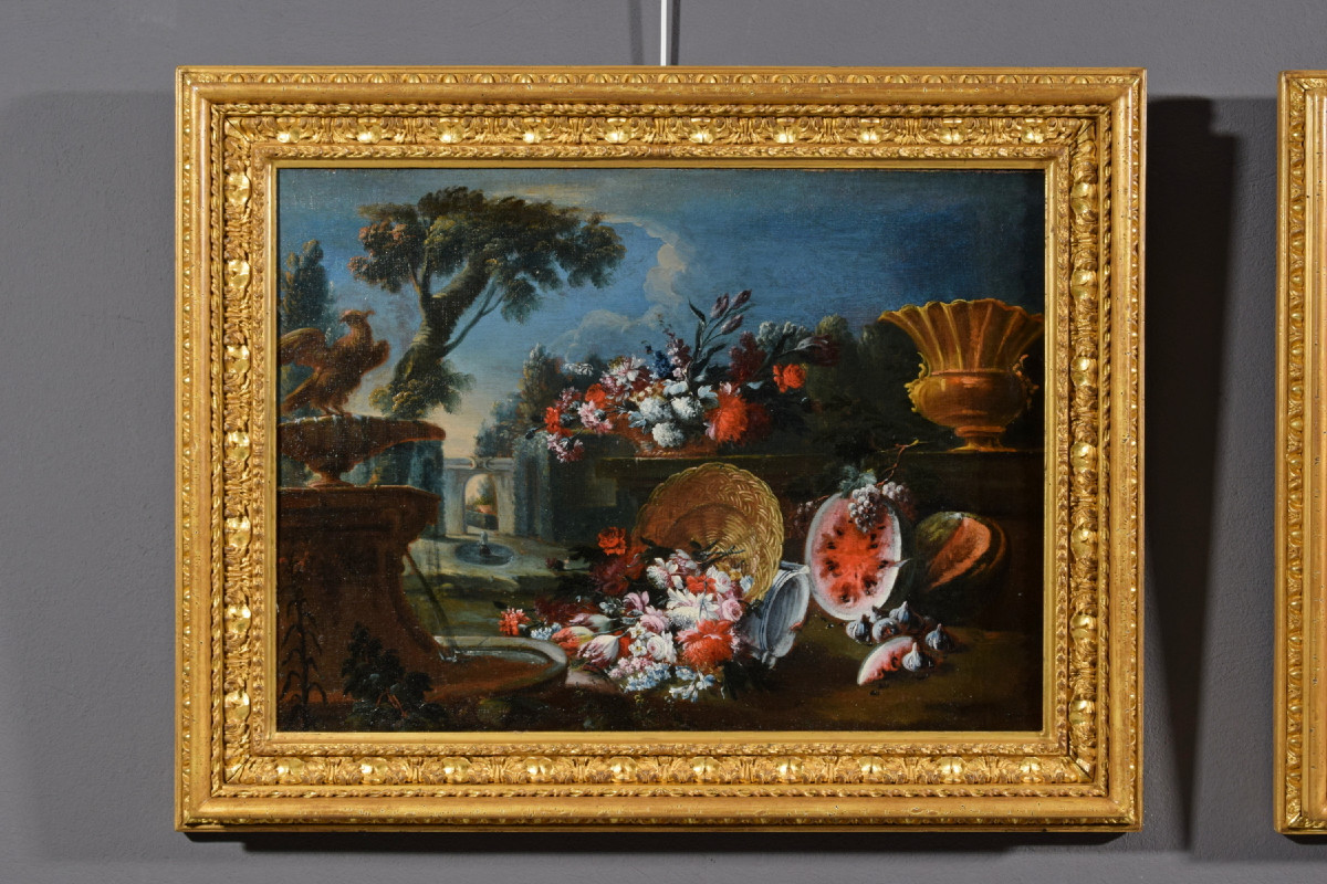 Francesco Lavagna (Napoli 1684-1724), Coppia di dipinti con Nature morte con fiori e angurie-photo-3