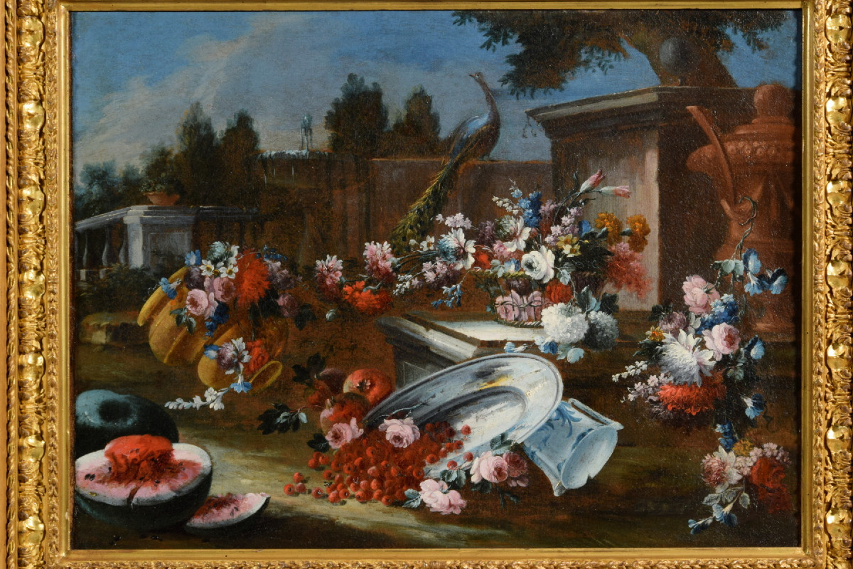 Francesco Lavagna (Napoli 1684-1724), Coppia di dipinti con Nature morte con fiori e angurie-photo-4