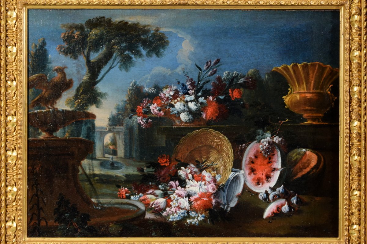 Francesco Lavagna (Napoli 1684-1724), Coppia di dipinti con Nature morte con fiori e angurie-photo-4
