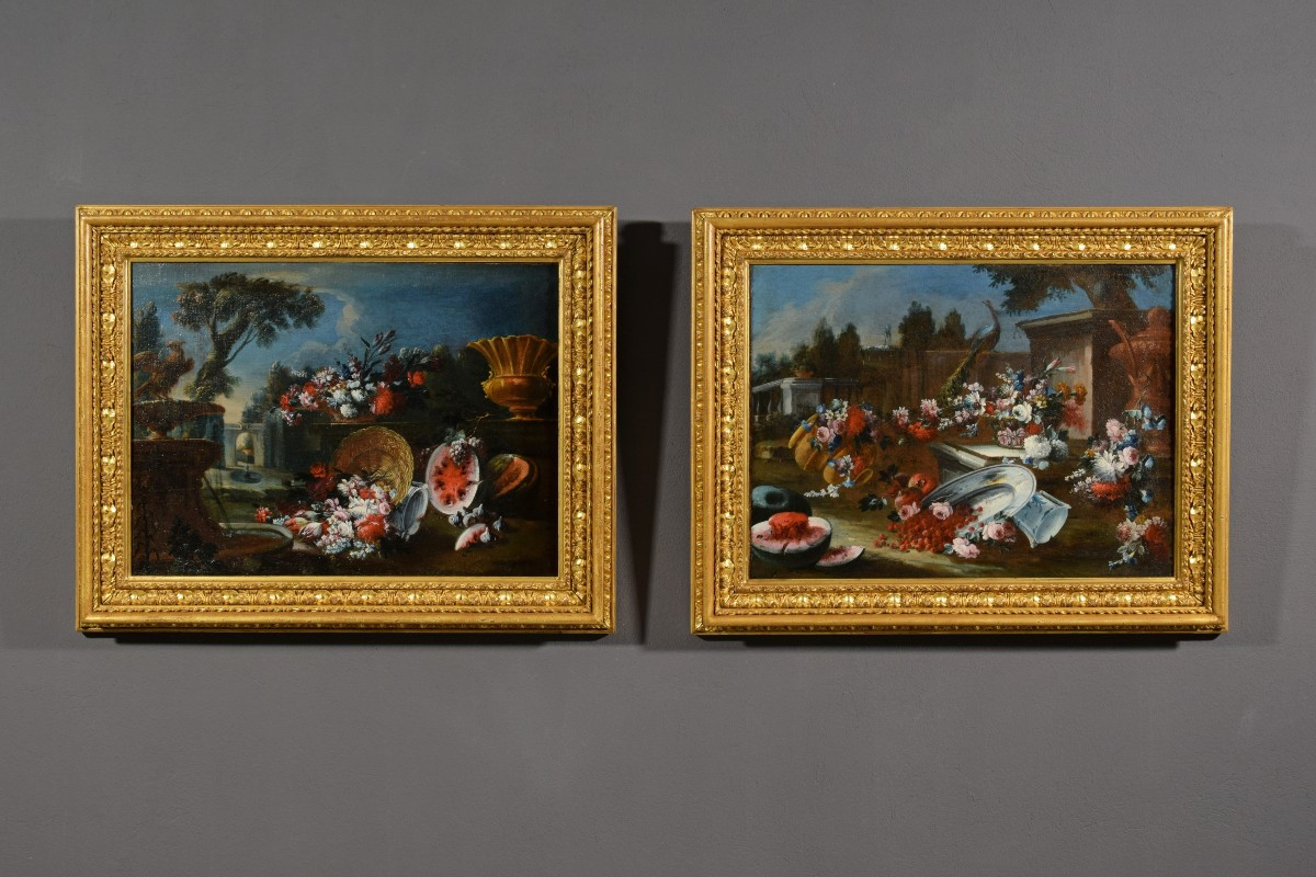 Francesco Lavagna (Napoli 1684-1724), Coppia di dipinti con Nature morte con fiori e angurie