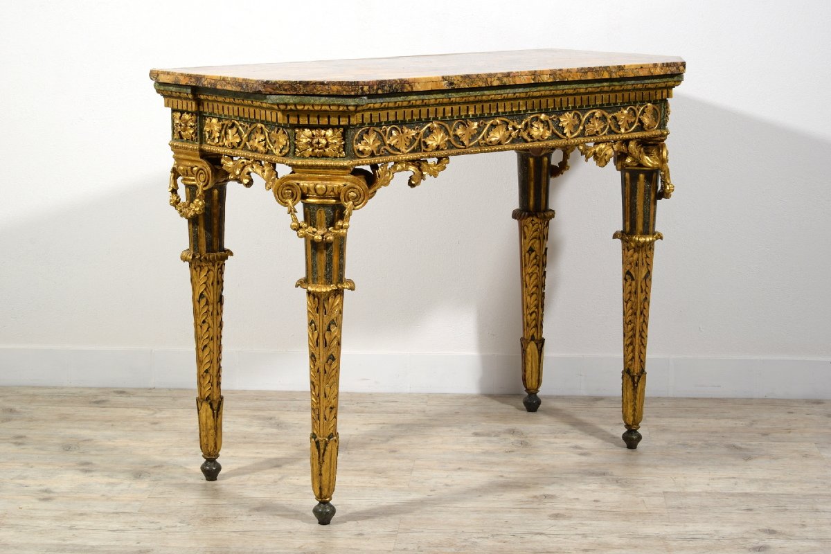 Consolle e specchiera neoclassiche in legno intagliato, laccato e dorato, Genova, fine XVIII se-photo-3