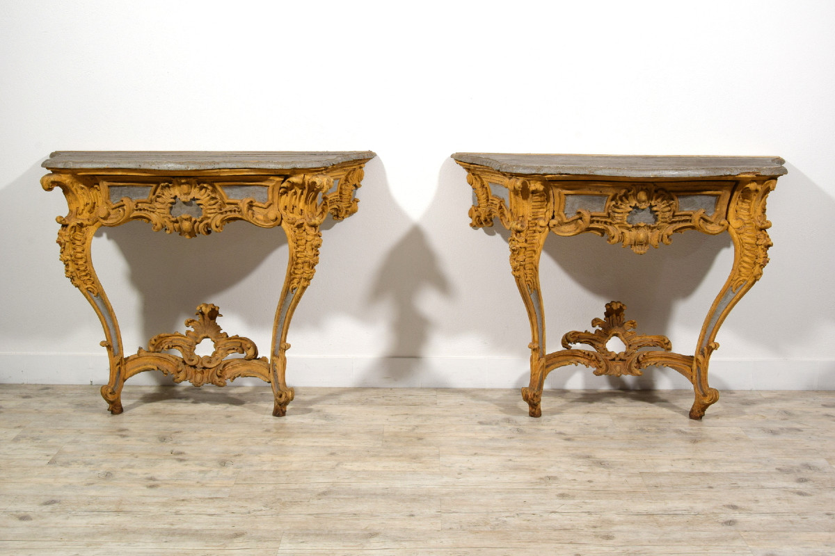 Coppia di consolle in legno intagliato e laccato, Italia, XVIII secolo-photo-2