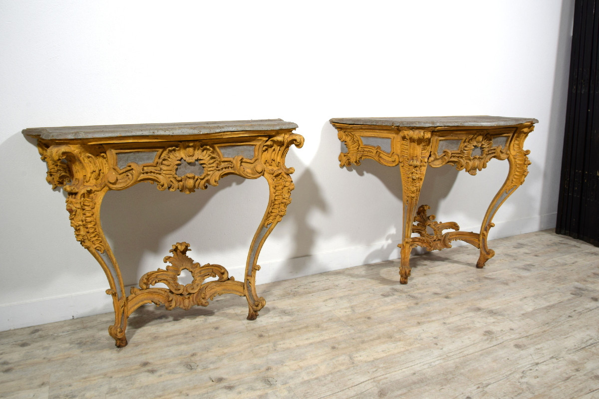 Coppia di consolle in legno intagliato e laccato, Italia, XVIII secolo-photo-3