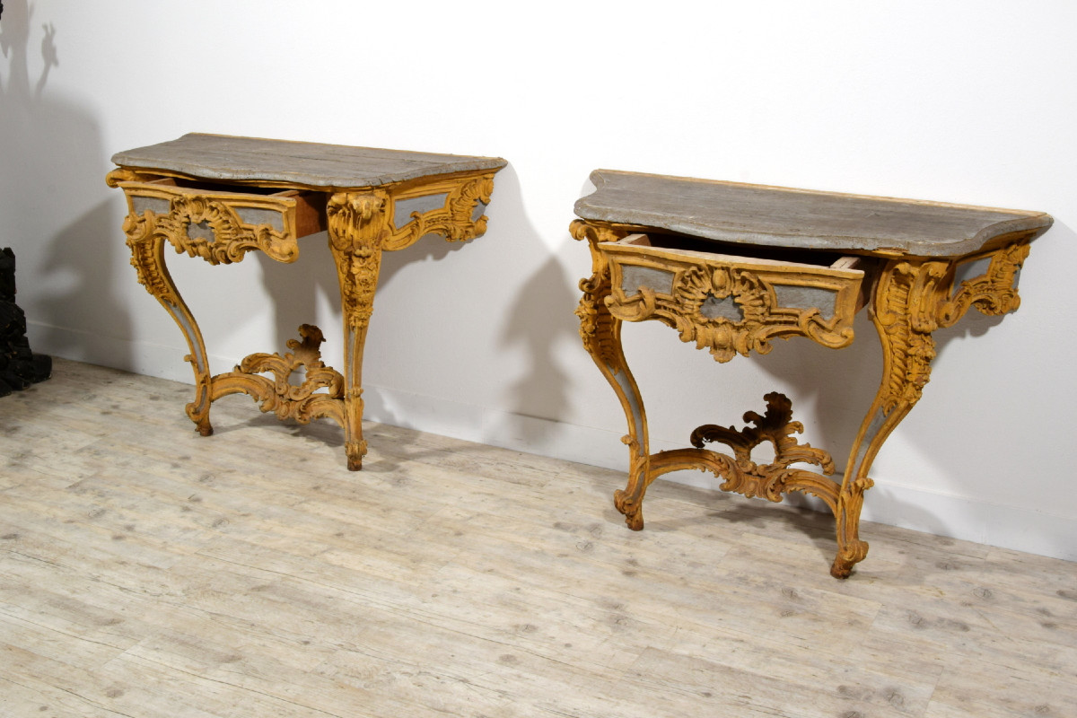 Coppia di consolle in legno intagliato e laccato, Italia, XVIII secolo-photo-4