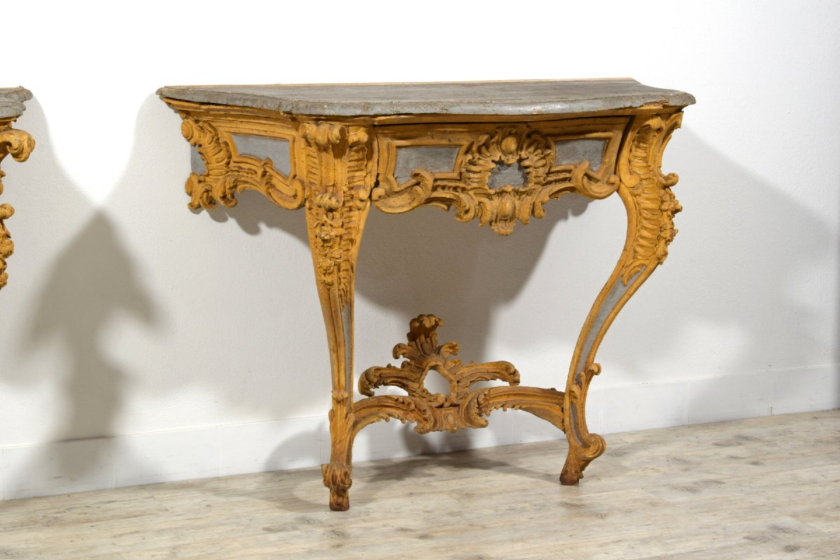 Coppia di consolle in legno intagliato e laccato, Italia, XVIII secolo-photo-7