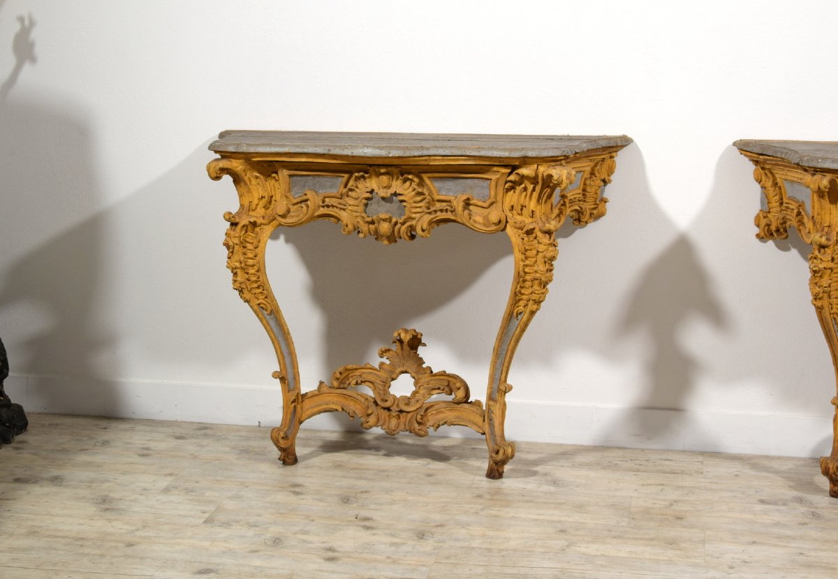 Coppia di consolle in legno intagliato e laccato, Italia, XVIII secolo-photo-8