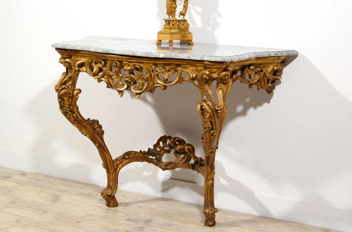 Consolle in legno intagliato edorato, Italia, Epoca barocchetto, metà XVIII secolo-photo-4