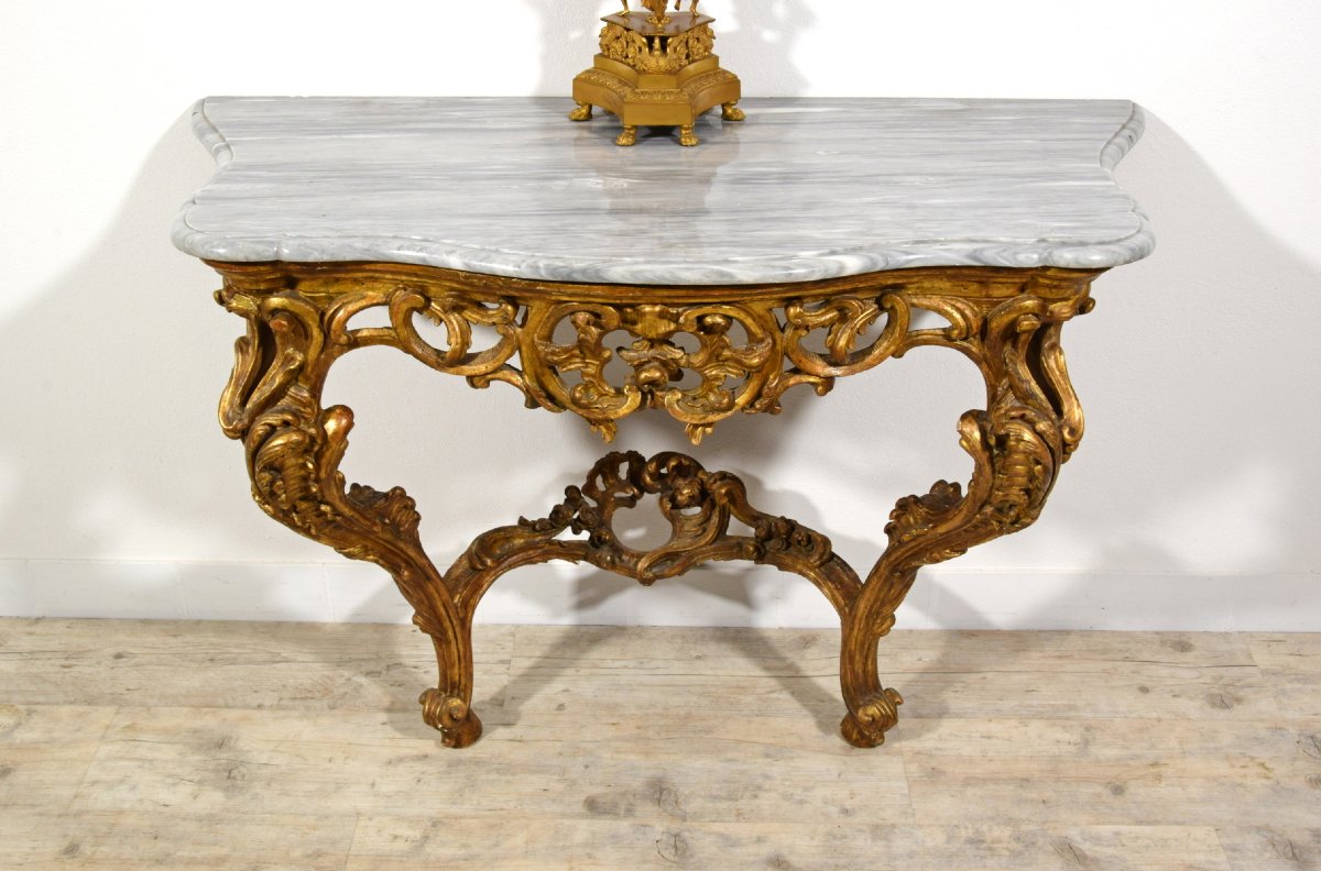 Consolle in legno intagliato edorato, Italia, Epoca barocchetto, metà XVIII secolo-photo-7