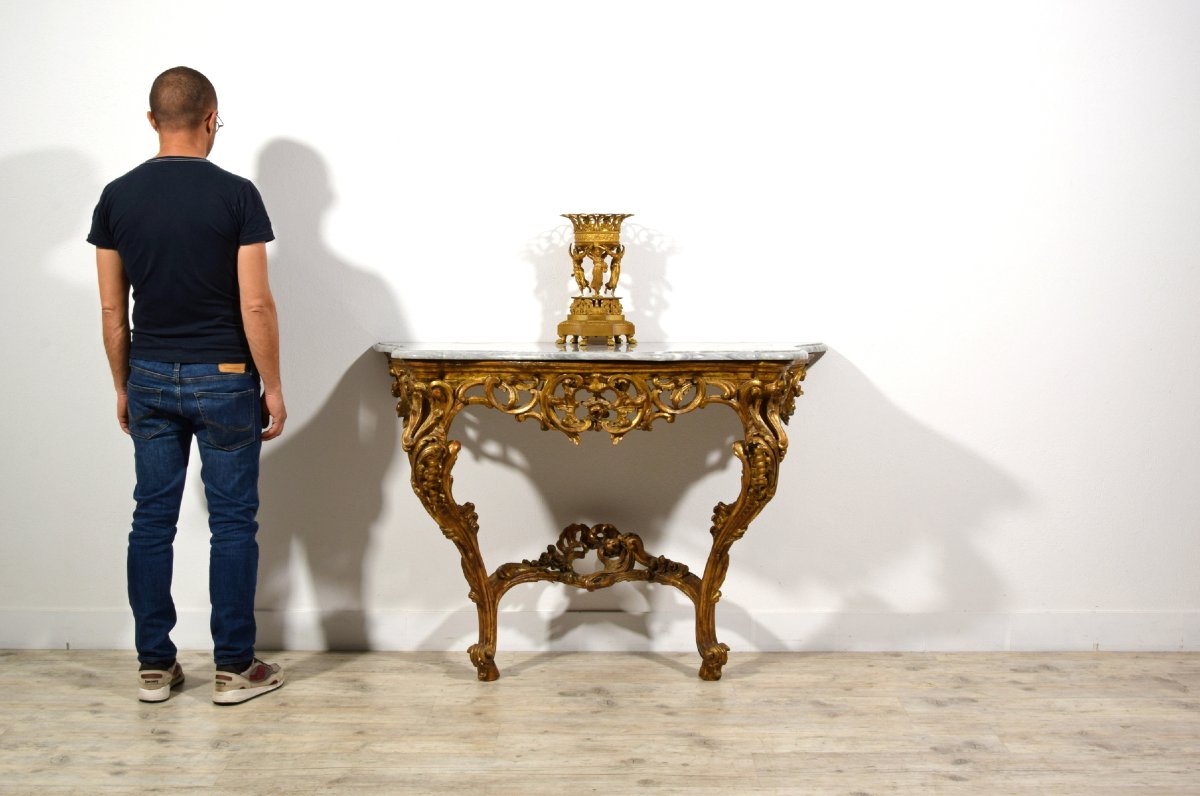 Consolle in legno intagliato edorato, Italia, Epoca barocchetto, metà XVIII secolo-photo-8
