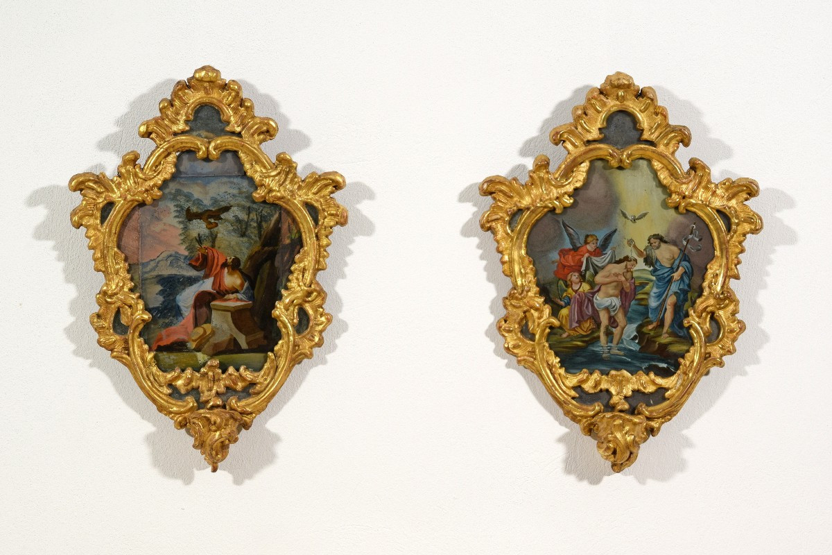 Coppia di dipinto su vetro, Michele Antonio Milocco, Italia, XVIII secolo