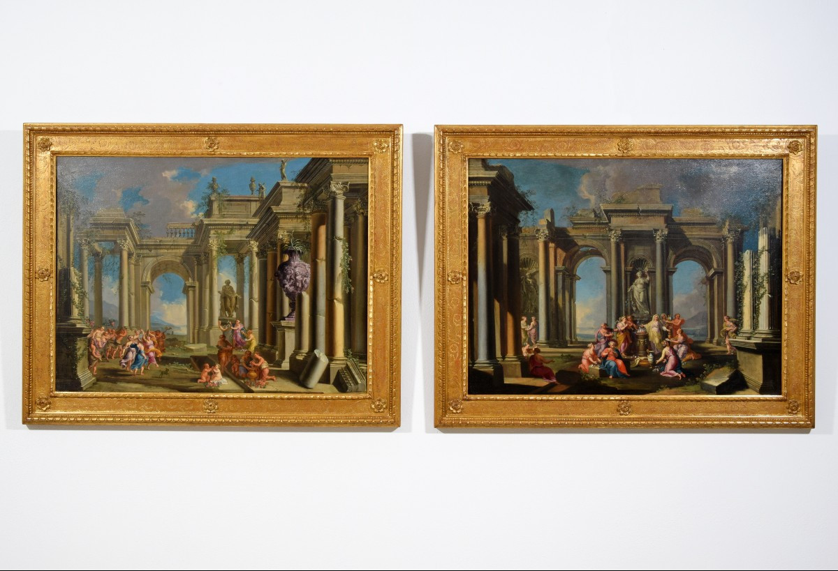 Coppia di Capricci architettonici, XVII secolo, Alberto Carlieri (Roma 1672-1720)