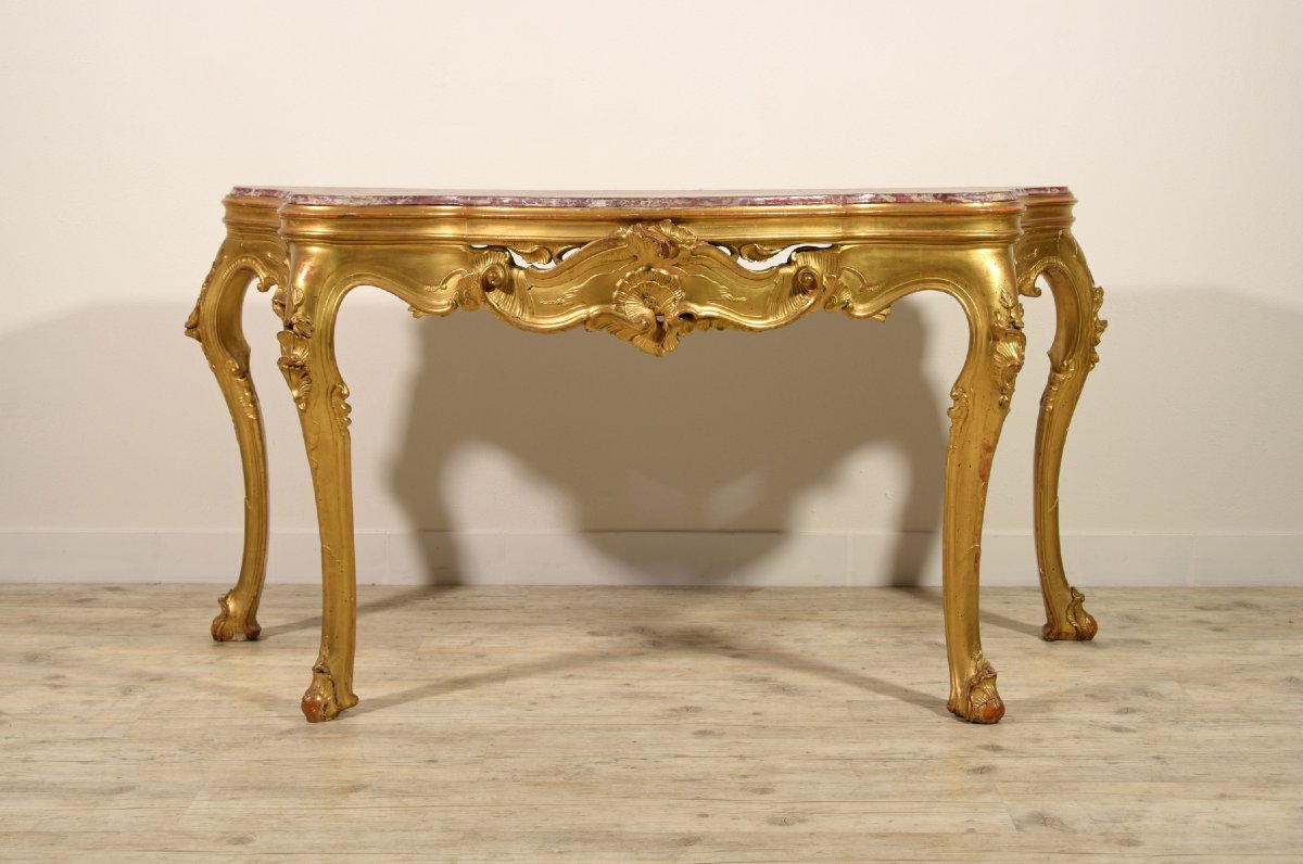 Grande consolle veneziana in legno intagliato e dorato, primi XIX secolo