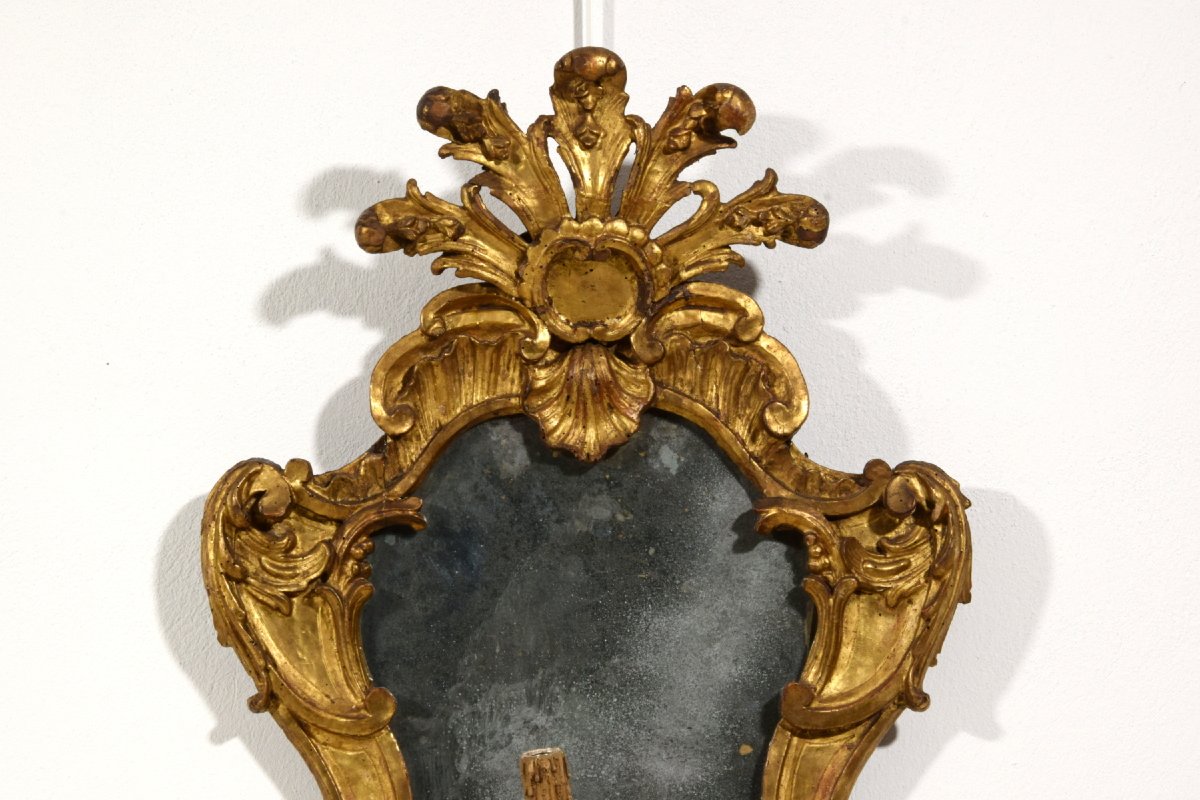 Coppia di specchiere barocche a ventola in legno intagliato e dorato, Torino, XVIII secolo-photo-8