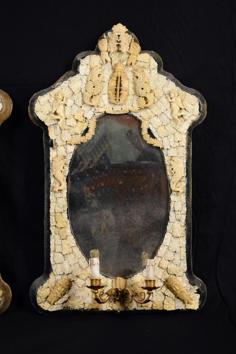 Coppia di importanti e rare specchiere in osso intagliato, Francia, manifattura di Dieppe, metà XIX secolo-photo-2
