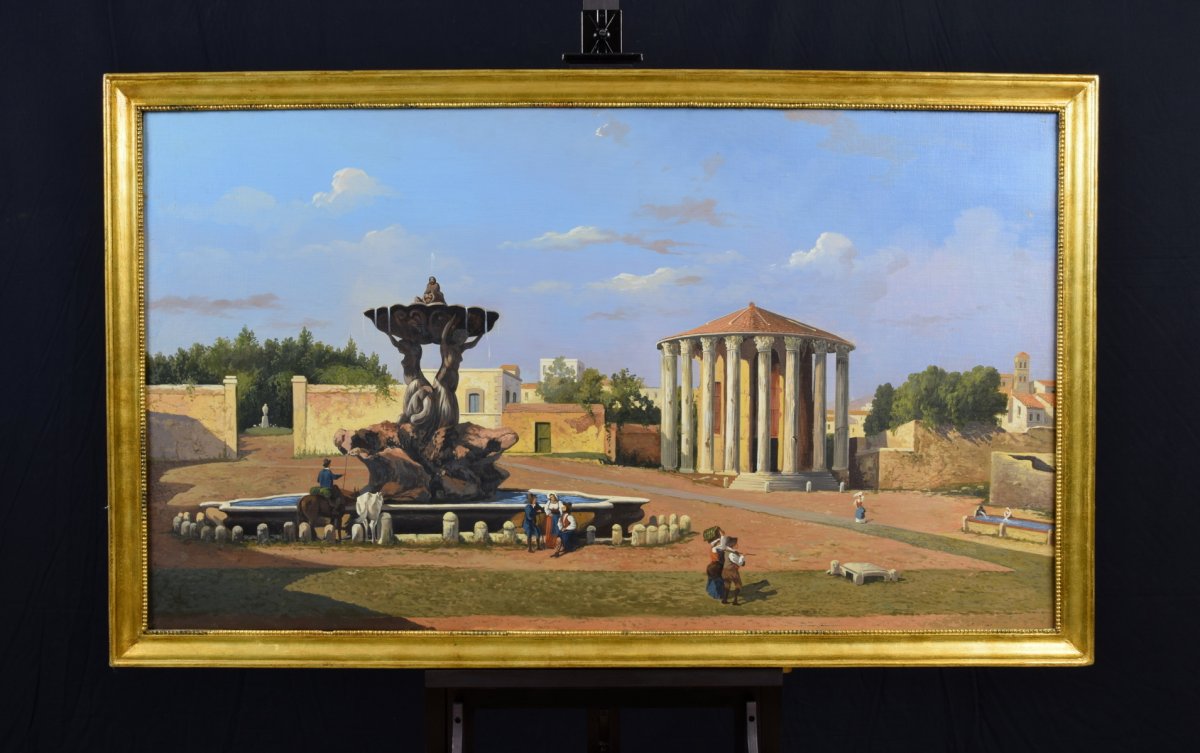 Veduta del foro Boario con la fontana di Bizzaccheri e il tempio di Vesta, XIX secolo